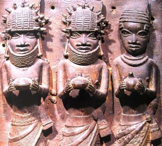 Three dignitaries with bowls, Benin. Ethnology Museum, Leipzig